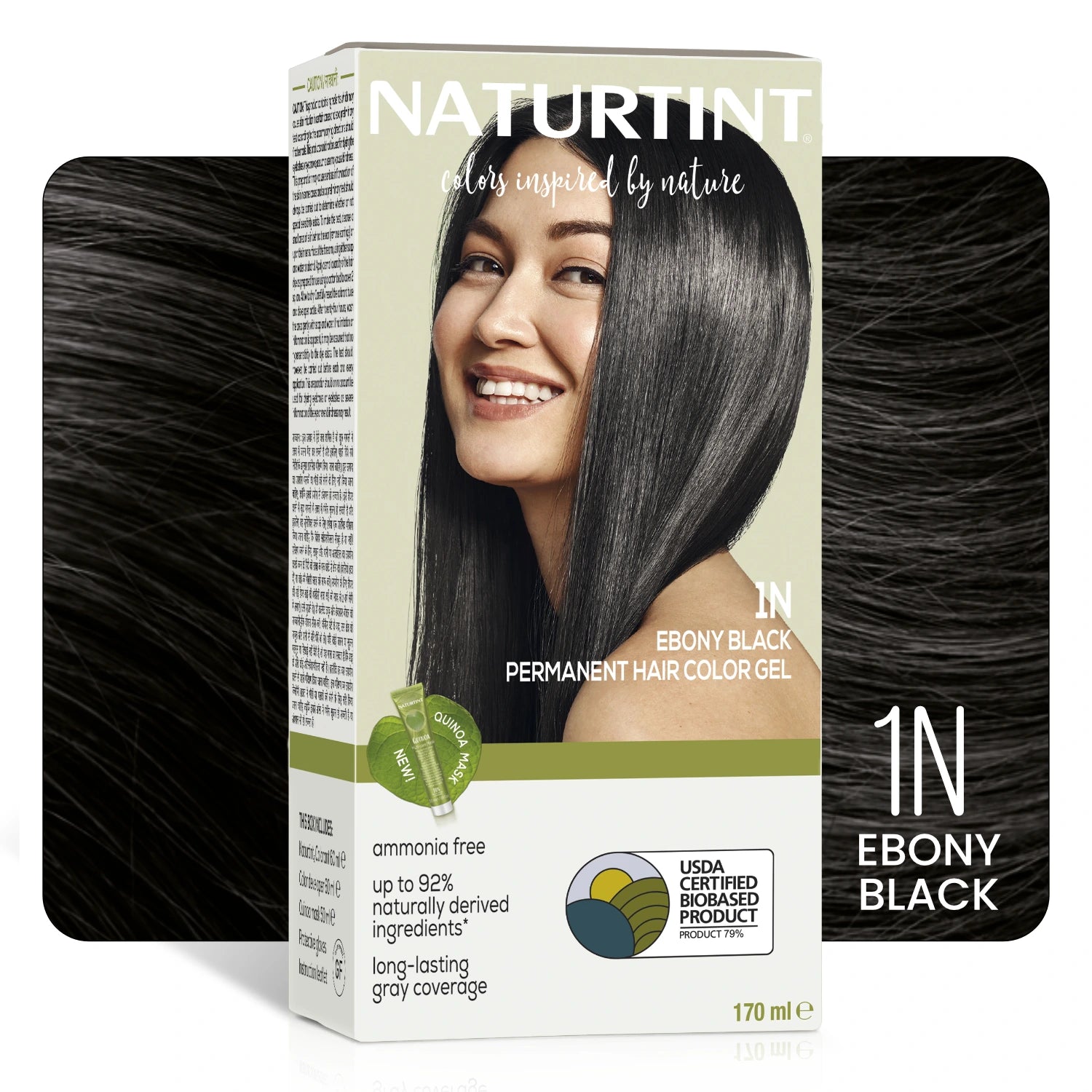 Naturtint Permanent Hair Color | Ammonia Free Hair Colour Gel | 92% natural ingredients | USDA Certified Biobased | 100% Grey Coverage Long Lasting Hair Colour Vegan 170 ml - 1N Ebony Black