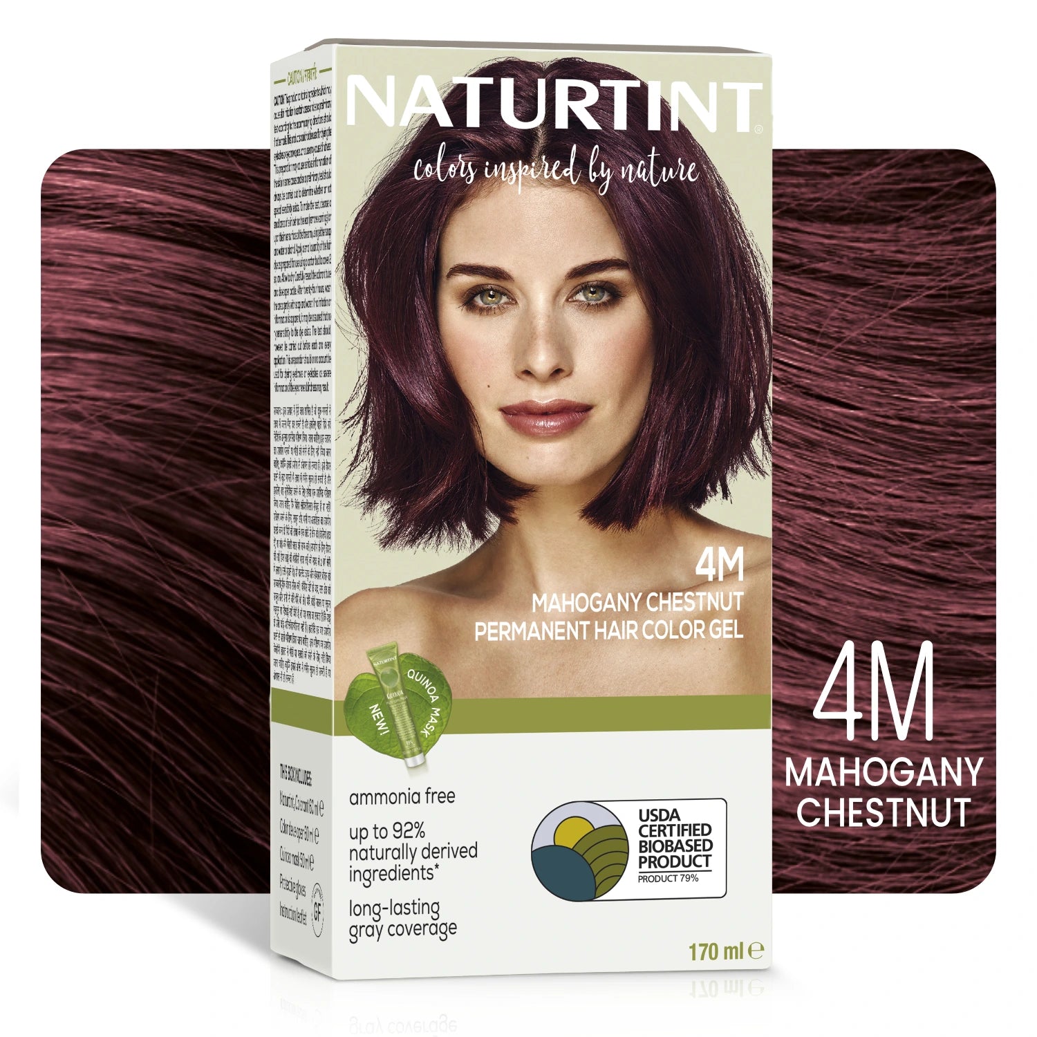 Naturtint Permanent Hair Color | Ammonia Free Hair Colour Gel | 92% natural ingredients | USDA Certified Biobased | 100% Grey Coverage Long Lasting Hair Colour Vegan 170 ml - 4M Mahogany Chestnut