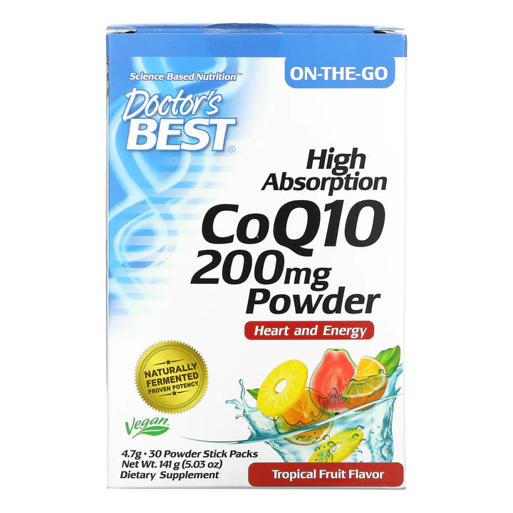 Doctor's Best High Absorption CoQ10 Powder 200 mg Tropical Fruit | 30 Sticks 4.7 g Each