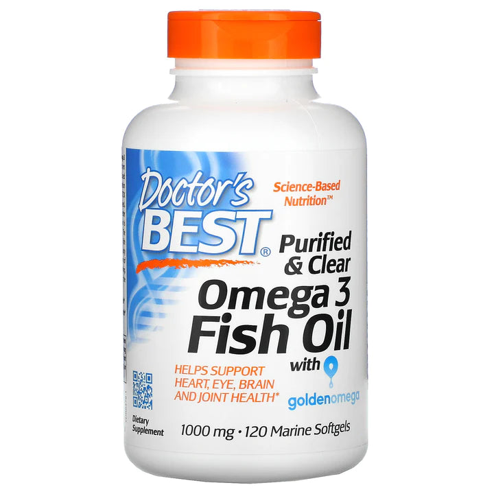 Doctor's Best Purified & Clear Omega 3 Fish Oil with Goldenomega 1,000 mg per serving | 120 Marine Softgels